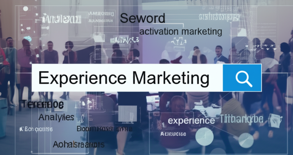 A vibrant and dynamic image featuring a diverse group of people attending a modern, well-lit conference or festival. Overlayed subtly are digital marketing elements like search bars, keyword clouds, and magnifying glasses, symbolizing SEO. The scene should convey engagement, excitement, and success, with a professional yet inviting atmosphere. Incorporate elements of data analysis or connectivity to represent digital strategies. The overall aesthetic should be forward-thinking and energetic, capturing the essence of 'experience marketing 2025' and 'activation marketing'.